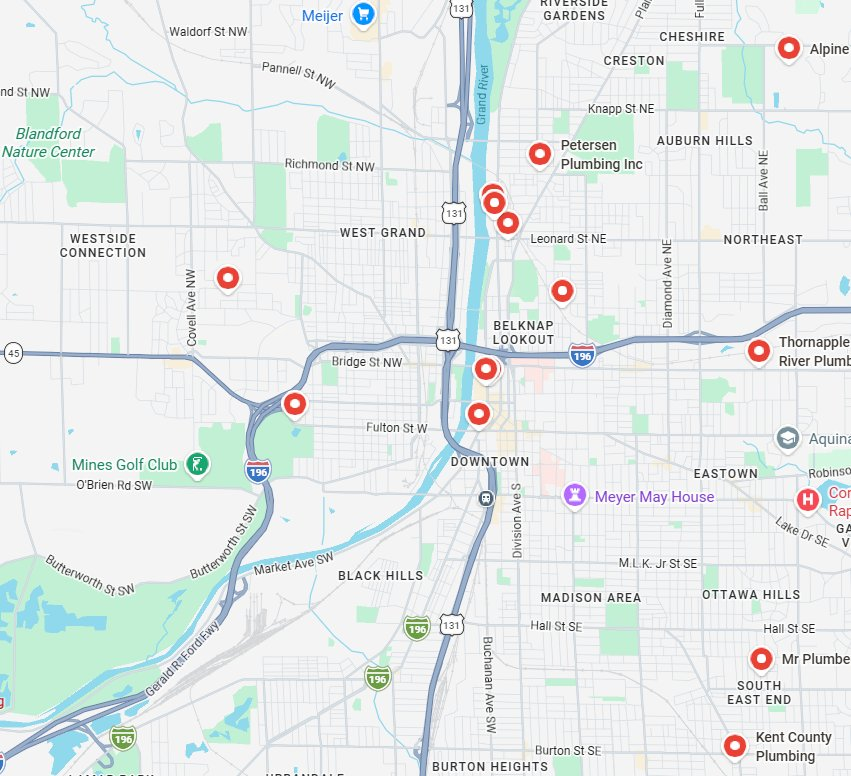 Real Google Maps view showing plumber locations across Grand Rapids